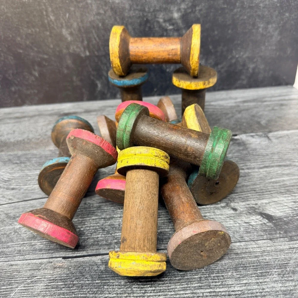 Vintage Small Wood Wooden Spool Rustic Textile Bobbin Decor Handmade 3.5
